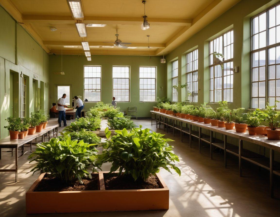A dynamic scene depicting a New Jersey prison environment where inmates are engaged in various reform programs, such as vocational training and counseling sessions, illustrating positive interactions between staff and inmates. Include symbols of hope like green plants and sunlight streaming through windows. The background should show a blend of traditional prison architecture with modern educational facilities. super-realistic. vibrant colors. 3D.