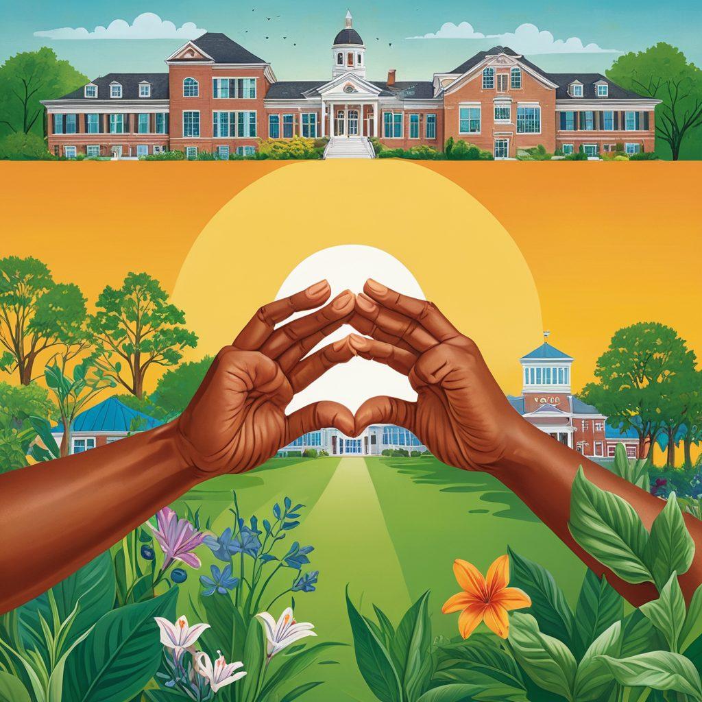 An engaging and informative collage featuring a blueprint of New Jersey, symbols of rehabilitation like open hands and a heart, the New Jersey Department of Corrections building, and illustrations of diverse individuals engaging in various rehabilitation programs. The background should reflect a hopeful atmosphere with green plants and a sunrise. vector art. vibrant colors.
