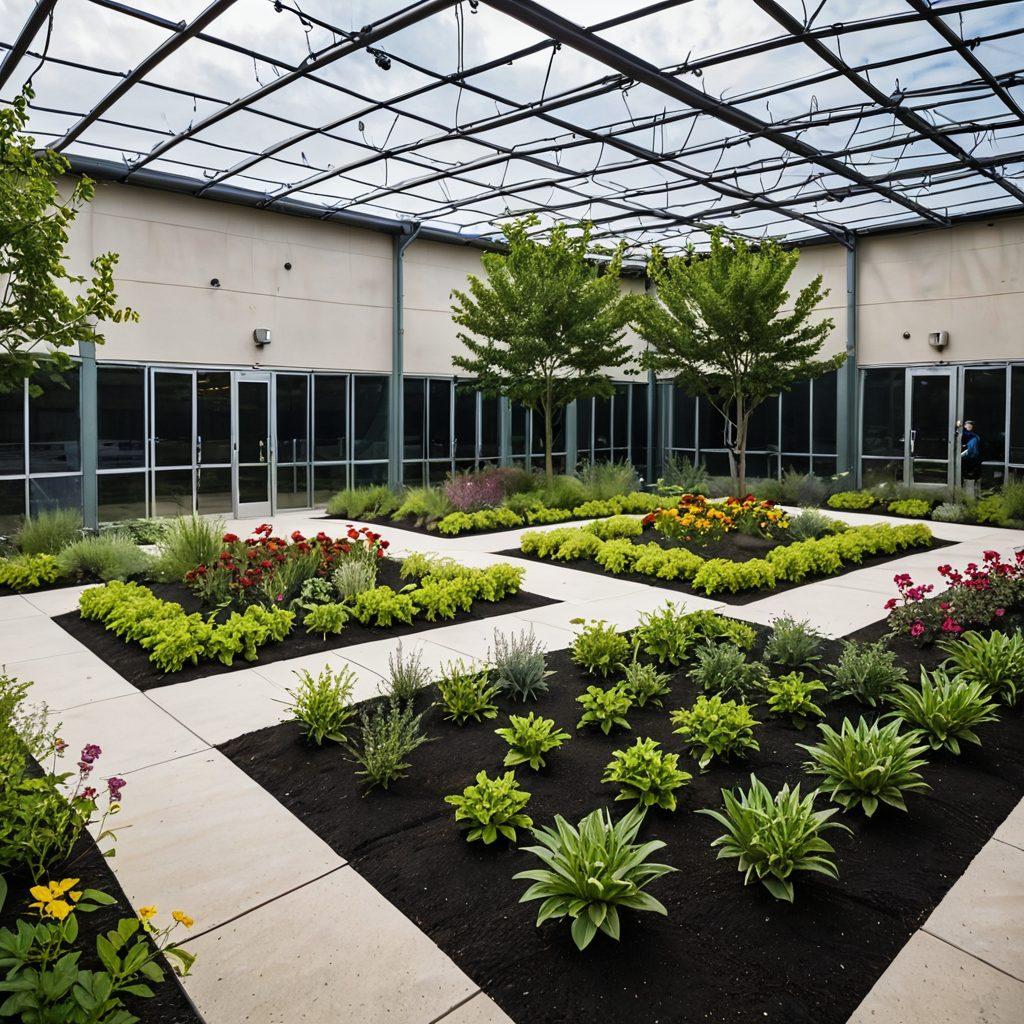 A futuristic New Jersey correctional facility with a blend of technology and nature, showcasing effective offender management strategies. Highlight community supervision with diverse individuals engaging positively in a rehabilitation garden, surrounded by advanced monitoring systems. Use optimistic lighting to symbolize hope and transformation. Incorporate elements like drones or AI interfaces. vibrant colors. super-realistic.